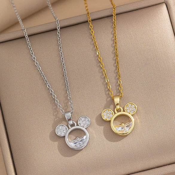 Wholesale Cartoon Cute Mickey Mouse Titanium Steel Zircon Pendant Necklace With Electroplating For Women