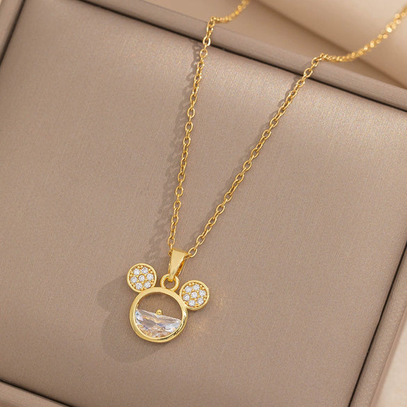 Wholesale Cartoon Cute Mickey Mouse Titanium Steel Zircon Pendant Necklace With Electroplating For Women