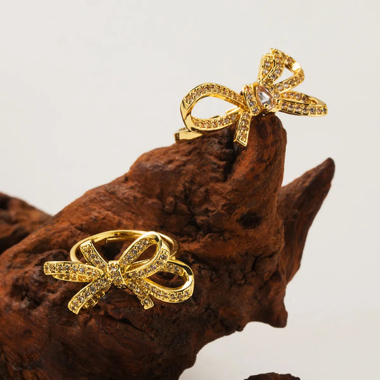 Wholesale Casual Cute Bow Knot Copper Plating Inlay 18K Gold Plated Zircon Open Rings