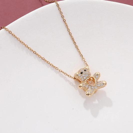 Wholesale Casual Cute Little Bear 304 Stainless Steel Copper Inlay 18K Gold Plated Zircon Pendant Necklace