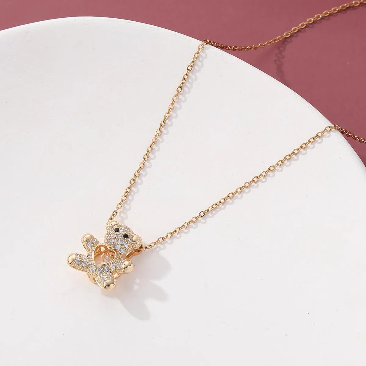 Wholesale Casual Cute Little Bear 304 Stainless Steel Copper Inlay 18K Gold Plated Zircon Pendant Necklace