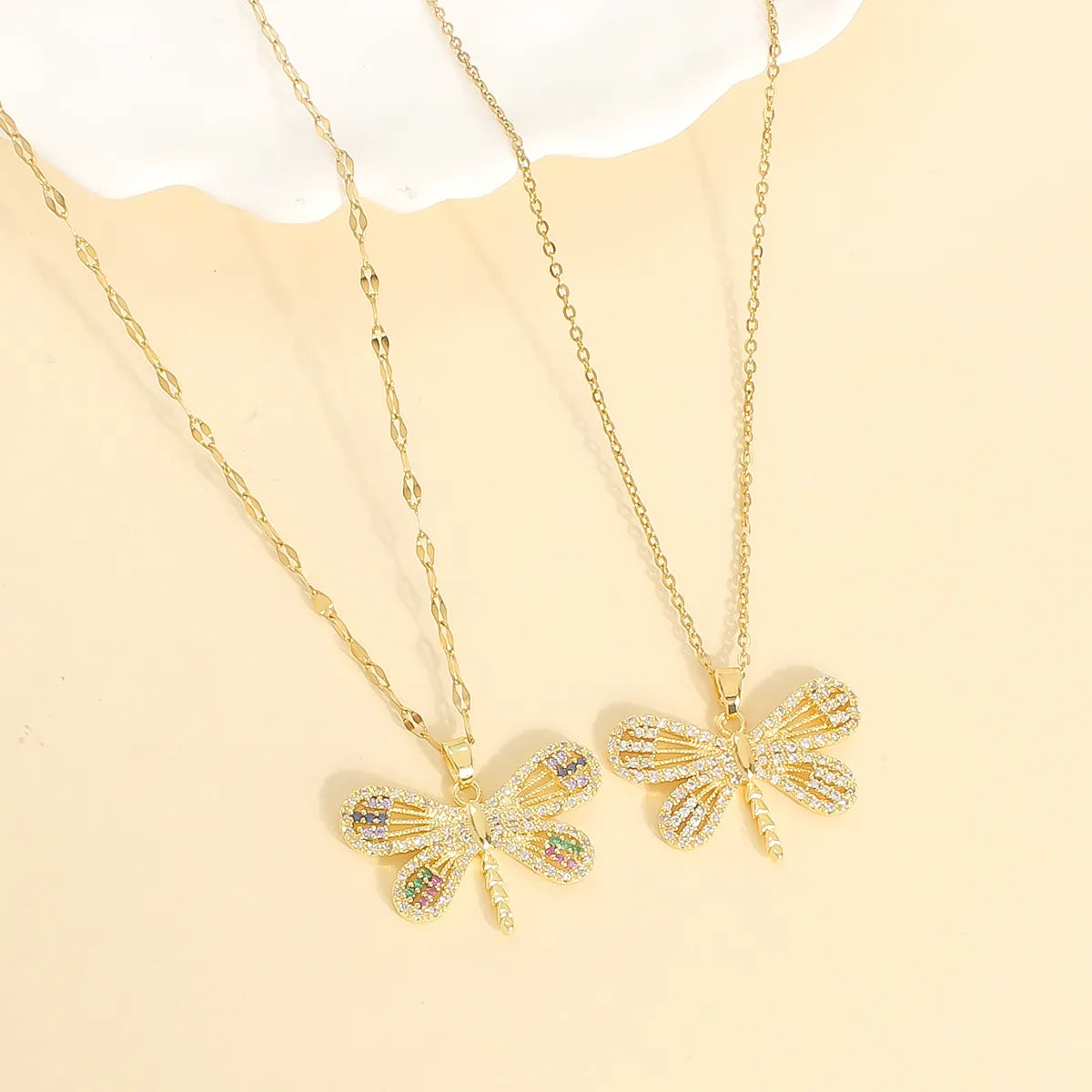 Wholesale Casual Cute Vacation Dragonfly 304 Stainless Steel Copper Plating Inlay 18K Gold Plated Zircon Pendant Necklace