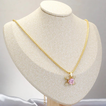 Wholesale Casual Elegant Shiny Heart Shape Bow Knot Copper Inlay 18K Gold Plated Zircon Pendant Necklace