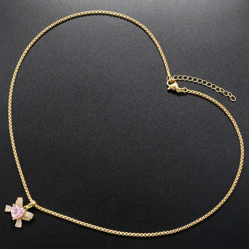 Wholesale Casual Elegant Shiny Heart Shape Bow Knot Copper Inlay 18K Gold Plated Zircon Pendant Necklace