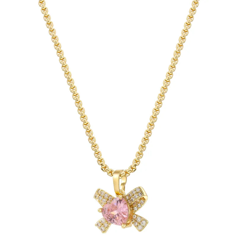 Wholesale Casual Elegant Shiny Heart Shape Bow Knot Copper Inlay 18K Gold Plated Zircon Pendant Necklace