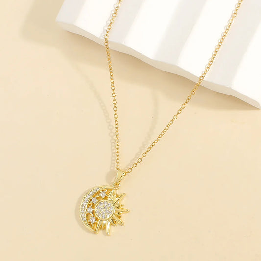 Wholesale Casual Elegant Sun Moon 304 Stainless Steel Copper Plating Inlay 18K Gold Plated Zircon Pendant Necklace