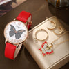 Wholesale Casual Female Round Stainless Steel Case Imitation Leather Strap Butterfly Printed Watch And Jewelry Set