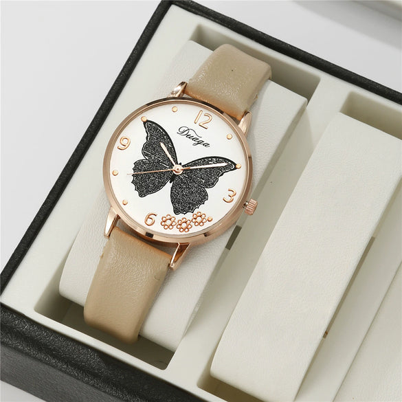 Wholesale Casual Female Round Stainless Steel Case Imitation Leather Strap Butterfly Printed Watch And Jewelry Set