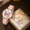 Wholesale Casual Female Round Stainless Steel Case Imitation Leather Strap Butterfly Printed Watch And Jewelry Set