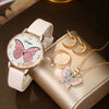 Wholesale Casual Female Round Stainless Steel Case Imitation Leather Strap Butterfly Printed Watch And Jewelry Set