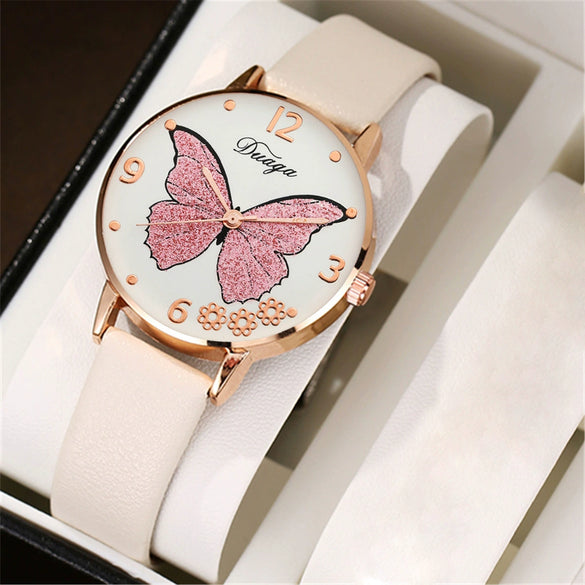 Wholesale Casual Female Round Stainless Steel Case Imitation Leather Strap Butterfly Printed Watch And Jewelry Set