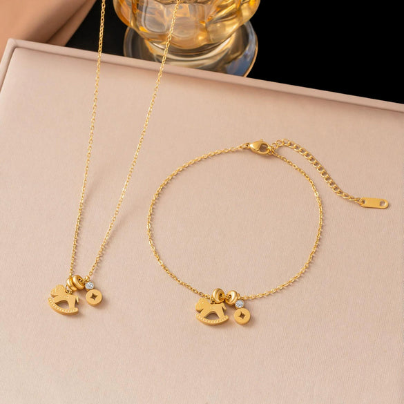 Wholesale Casual Geometric Animal Zodiac Real Gold Plated Titanium Steel Flash O Chain Necklace And Anklet For Women