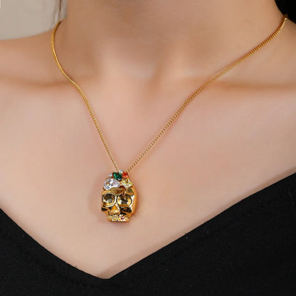 Wholesale Casual Glam Luxurious Skull Copper Shiny Metallic Hollow Out 18K Gold Plated Zircon Pendant Necklace