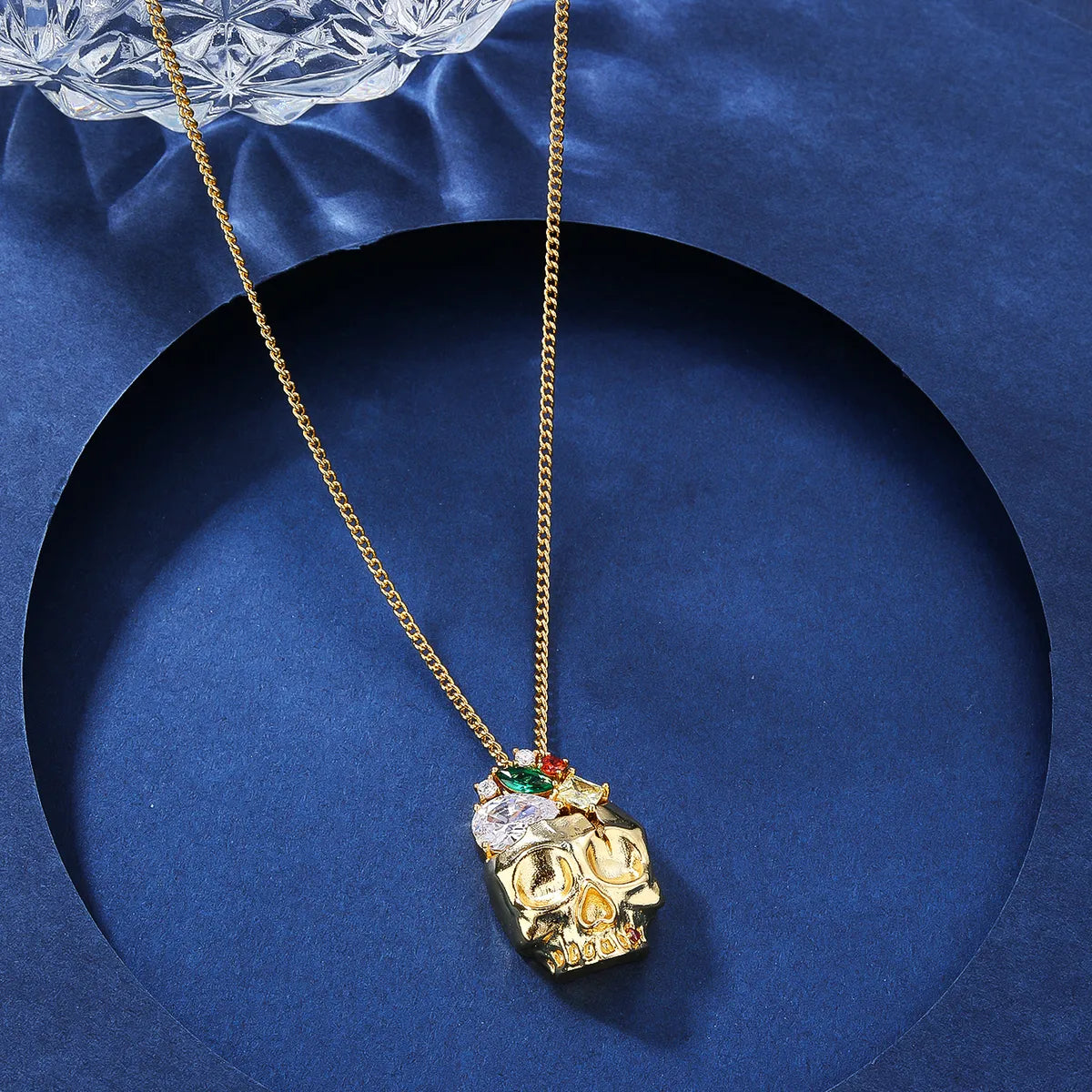 Wholesale Casual Glam Luxurious Skull Copper Shiny Metallic Hollow Out 18K Gold Plated Zircon Pendant Necklace