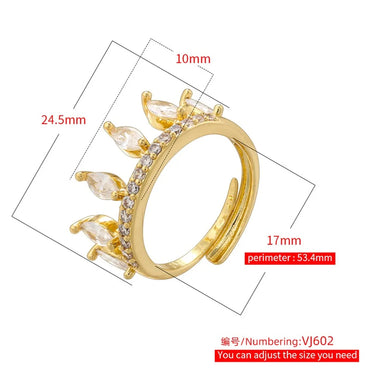 Wholesale Casual Luxurious Water Droplets Crown Copper Plating Inlay 18K Gold Plated Zircon Open Rings