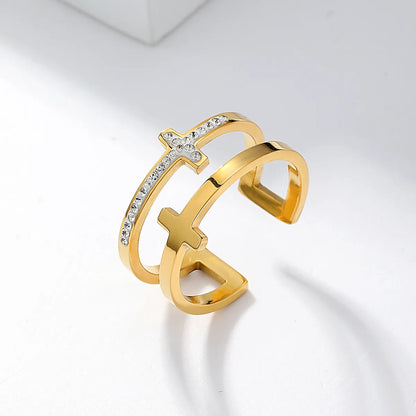 Wholesale Casual Modern Style Simple Style Cross Stainless Steel Asymmetrical Plating Inlay 18k Gold Plated Rhinestones Open Rings