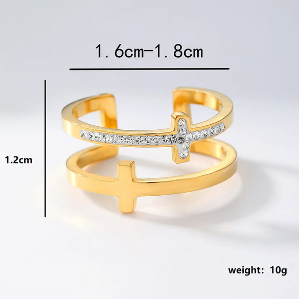 Wholesale Casual Modern Style Simple Style Cross Stainless Steel Asymmetrical Plating Inlay 18k Gold Plated Rhinestones Open Rings