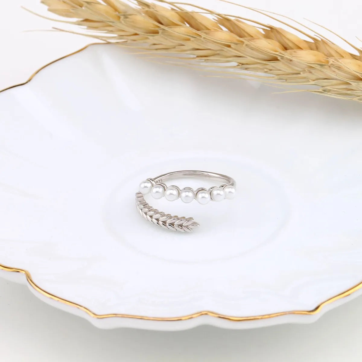 Wholesale Casual Pastoral Grain Sterling Silver Artificial Pearls Open Ring