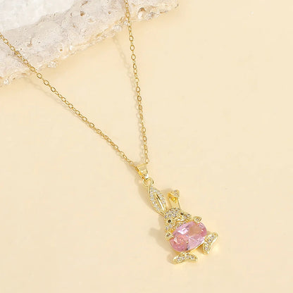 Wholesale Casual Princess Cute Rabbit 304 Stainless Steel Copper Plating Inlay 18K Gold Plated Zircon Pendant Necklace