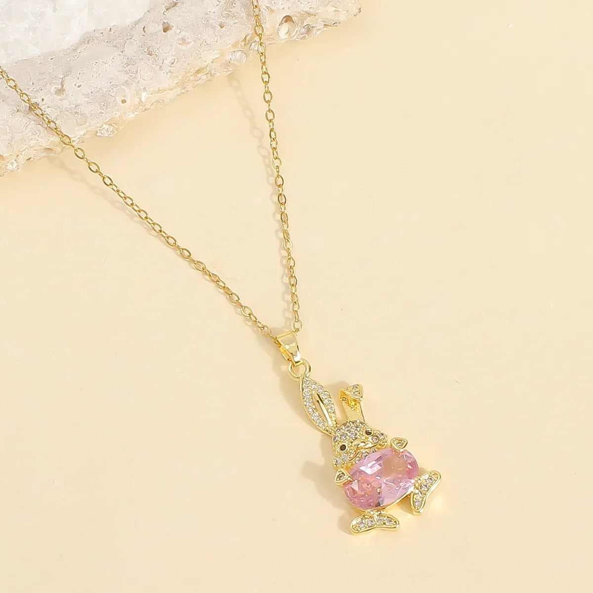 Wholesale Casual Princess Cute Rabbit 304 Stainless Steel Copper Plating Inlay 18K Gold Plated Zircon Pendant Necklace