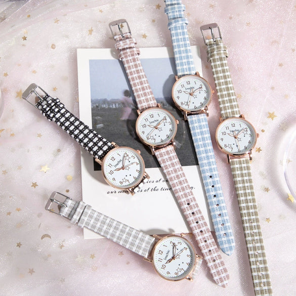Wholesale Casual Quartz Watch For Female Junior High School Students Alloy Case Imitation Leather Strap Stainless Steel Clasp Round Dial Ordinary Glass Mirror