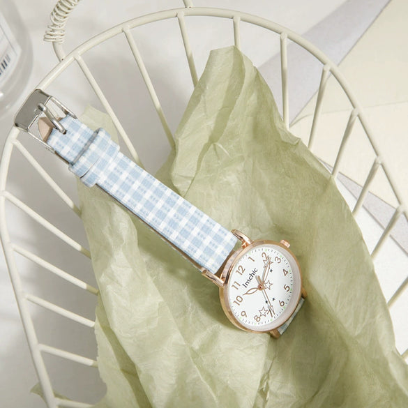Wholesale Casual Quartz Watch For Female Junior High School Students Alloy Case Imitation Leather Strap Stainless Steel Clasp Round Dial Ordinary Glass Mirror