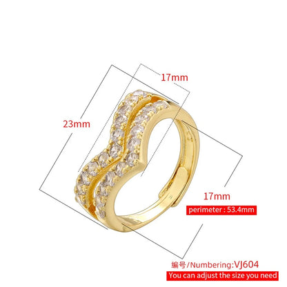 Wholesale Casual Simple Style Classic Style V Shape Twist Copper Plating Inlay 18K Gold Plated Zircon Open Rings