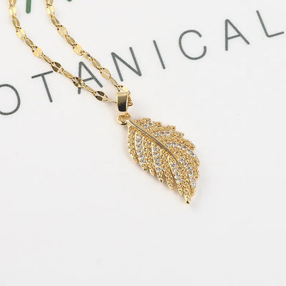 Wholesale Casual Simple Style Feather Copper Inlay 18K Gold Plated Zircon Pendant Necklace