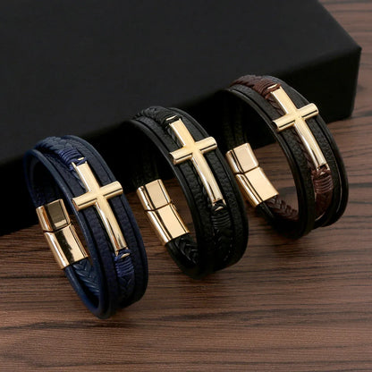 Casual Streetwear Cross Stainless Steel Pu Leather Bangle