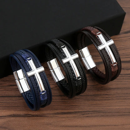 Casual Streetwear Cross Stainless Steel Pu Leather Bangle