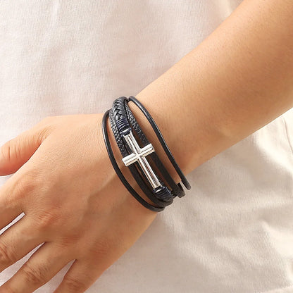 Casual Streetwear Cross Stainless Steel Pu Leather Bangle