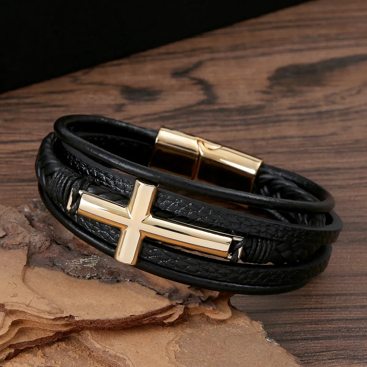 Casual Streetwear Cross Stainless Steel Pu Leather Bangle