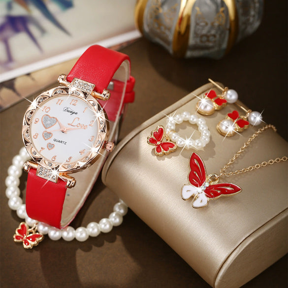Wholesale Casual Sweet Round Dial Frosted Belt Watch With Pearl Butterfly Jewelry Set For Female Mirror Ordinary Glass Strap Imitation Leather Buckle Stainless Steel