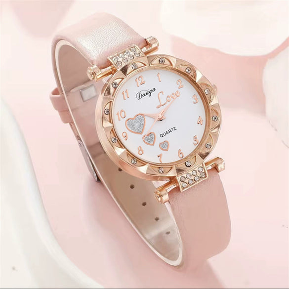 Wholesale Casual Sweet Round Dial Frosted Belt Watch With Pearl Butterfly Jewelry Set For Female Mirror Ordinary Glass Strap Imitation Leather Buckle Stainless Steel
