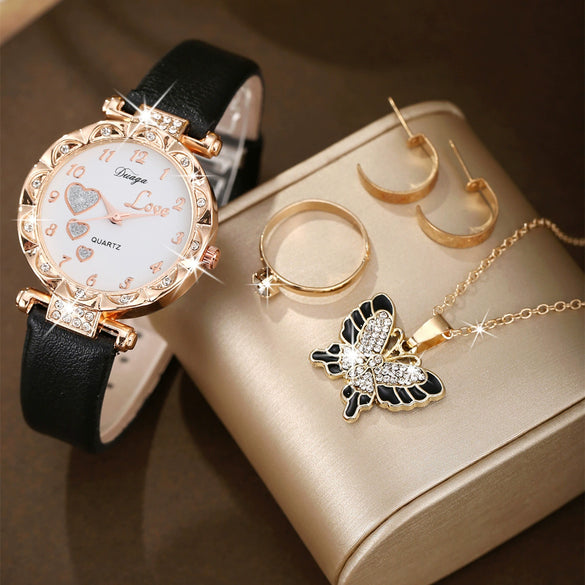 Wholesale Casual Sweet Round Dial Frosted Belt Watch With Pearl Butterfly Jewelry Set For Female Mirror Ordinary Glass Strap Imitation Leather Buckle Stainless Steel
