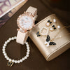 Wholesale Casual Sweet Round Dial Frosted Belt Watch With Pearl Butterfly Jewelry Set For Female Mirror Ordinary Glass Strap Imitation Leather Buckle Stainless Steel