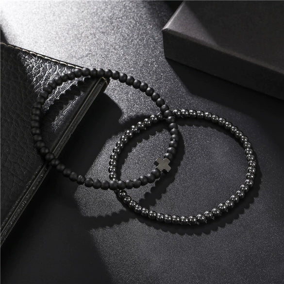 Wholesale Casual Unisex Handmade Black Frosted Copper Beads Cross Elastic Bracelet Accessories
