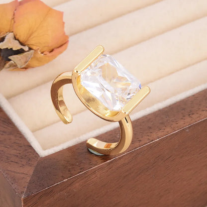 Wholesale Casual Vintage Style Shiny U Shape Rectangle Copper Inlay 18K Gold Plated Palladium White K Zircon Open Rings