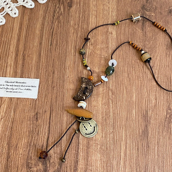 Wholesale Ceramic Pendant Necklace With Wooden Beads Handmade Retro Style Geometric And Flower Pattern For Women