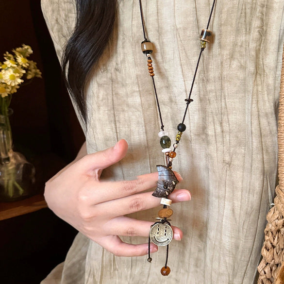 Wholesale Ceramic Pendant Necklace With Wooden Beads Handmade Retro Style Geometric And Flower Pattern For Women