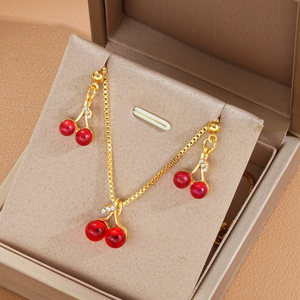 Wholesale Cherry Fruit Pattern Pendant Earrings Necklace Jewelry Suit Alloy Electroplated All Match Light Luxury Elegant Fashion Jewelry
