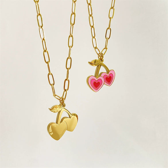 Wholesale Cherry Girl Pink Pendant Necklace Titanium Steel Geometric Fruit Style Furnace Vacuum Electroplated 18K Real Gold Color Retaining
