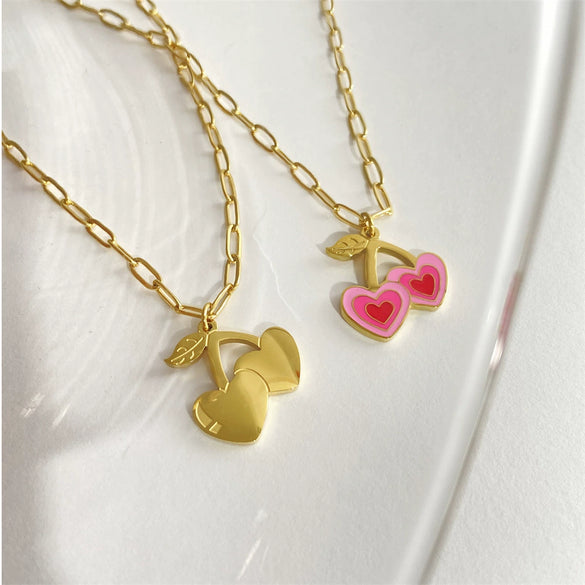 Wholesale Cherry Girl Pink Pendant Necklace Titanium Steel Geometric Fruit Style Furnace Vacuum Electroplated 18K Real Gold Color Retaining
