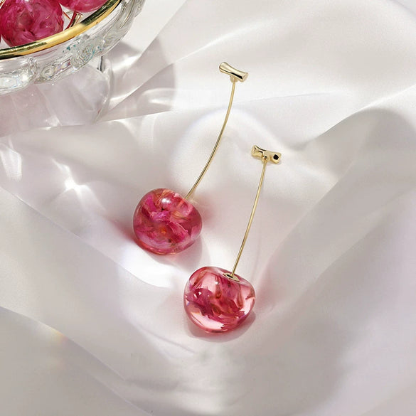 Wholesale Cherry Petal And Cherry Fruit Stud Earrings Made Of Alloy With Dripping Oil