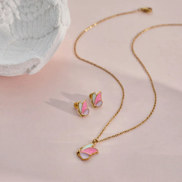 Wholesale Children's And Women's Stainless Steel Titanium Steel Jewelry Set With Heart Drop Bell Patterns Electroplated