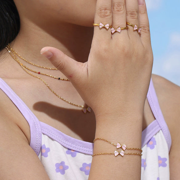 Wholesale Children's Jewelry Ferris Wheel Pink Oil Dripping Bow Heart Stainless Steel Titanium Steel Chain Electroplated Necklace Bracelet Anklet Ring Earrings Set