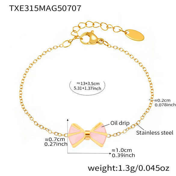 Wholesale Children's Jewelry Ferris Wheel Pink Oil Dripping Bow Heart Stainless Steel Titanium Steel Chain Electroplated Necklace Bracelet Anklet Ring Earrings Set