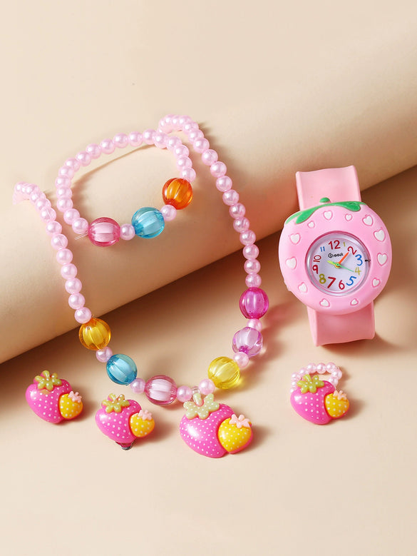Wholesale Children's Silicone Cartoon Style Multi Style Watch Bracelet Necklace Hairpin Ring Set With Round Dial