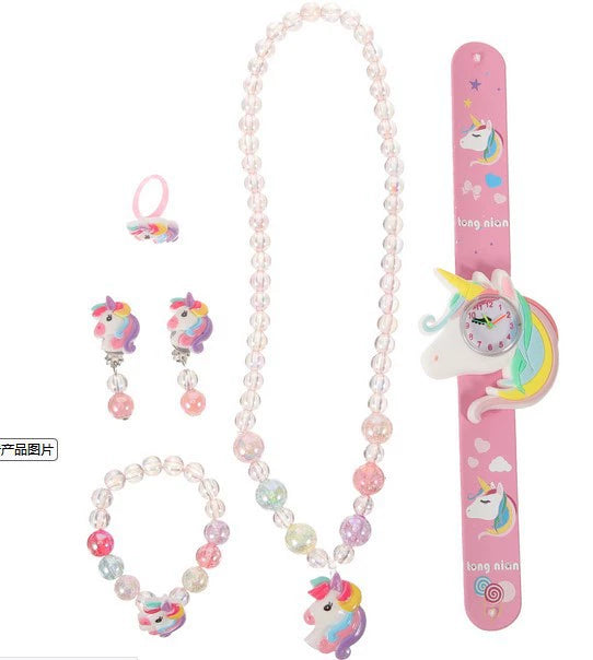 Wholesale Children's Silicone Cartoon Style Multi Style Watch Bracelet Necklace Hairpin Ring Set With Round Dial