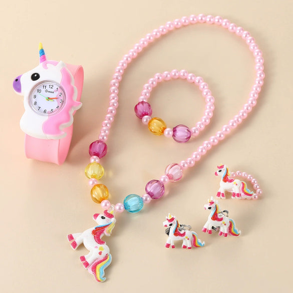 Wholesale Children's Silicone Cartoon Style Multi Style Watch Bracelet Necklace Hairpin Ring Set With Round Dial